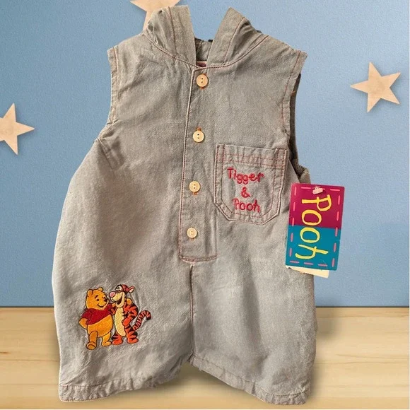 RARE HTF Winnie the Pooh Romper 9M Blue NWT Vintage 90s Hooded Denim Tigger