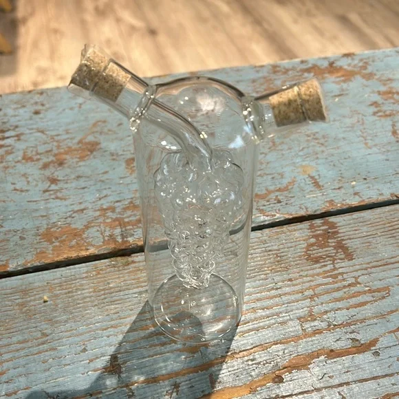 Glass Olive Oil and Vinegar Cruet separator 2 Spout, Grapes hand blown in /out