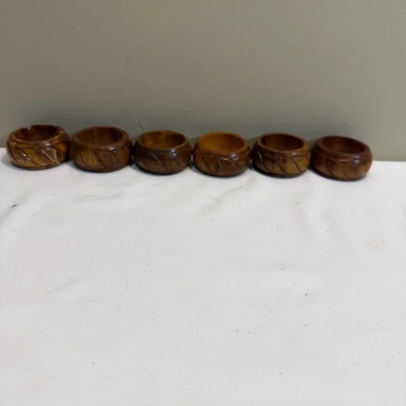 6 Teak Wood Round Napkin Rings MCM Hand‎ Carved in Philippines