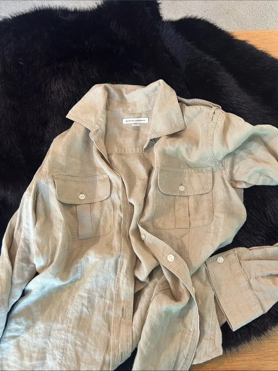 Banana Republic Men's Light Beige Linen Button-Front Utility Shirt