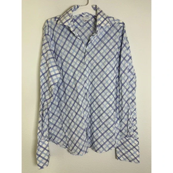 Banana Republic Mens Large Blue White Diagonal Plaid Long Sleeve Button Down