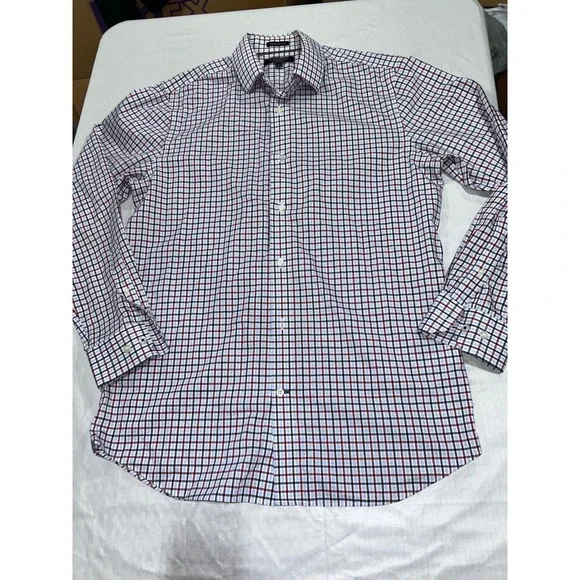 Banana Republic Camden Fit Shirt Mens Medium Red Navy Check Iron Cotton Stretch