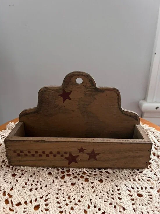 Primitive Wood Wall Shelf Box Red Star Folk Art Rustic Country Decor