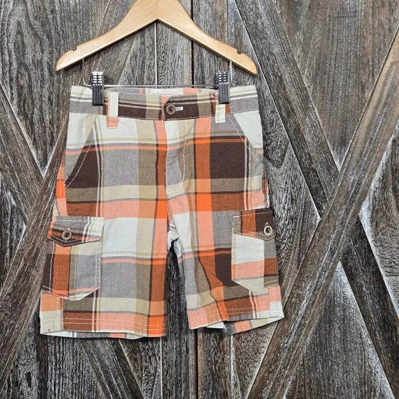 Carters Plaid Cargo Shorts Orange Brown‎ Beige Kids Size 5 Cotton Blend