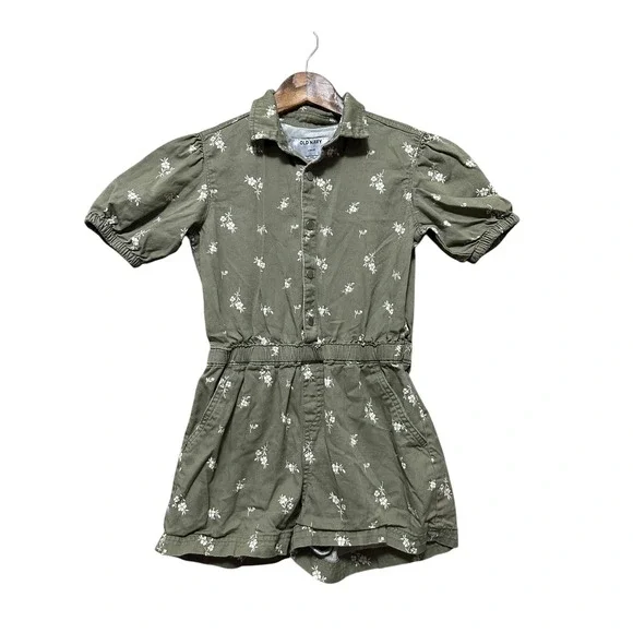 Old‎ Navy Kids Girls Green Floral Puff Sleeve Button Front Romper Jumper 10-12