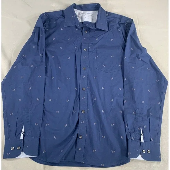 Banana Republic Mens Shirt L Slim Fit Blue Luxe Poplin Button Down Boxing Print