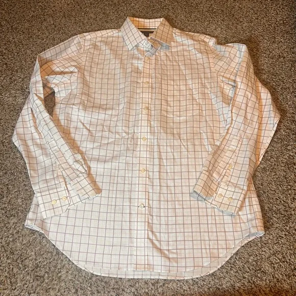 Banana Republic Non Iron Classic Fit Men's Dress Shirt‎ White Pink Grid Check M