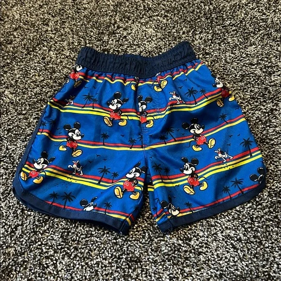 Disney Baby Mickey Mouse Swim Trunks, Blue with Beach/Tropical Print 18M