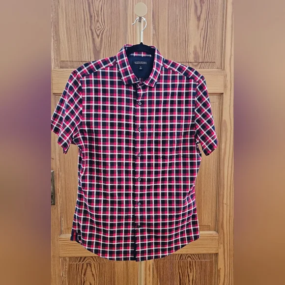 Banana Republic Plaid Short Sleeve Button Up Tailored Slim Fit Size Med