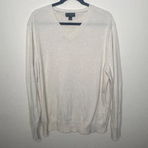 Banana Republic Sweater Mens XL Ivory Cotton Blend V Neck Pullover Career Offic