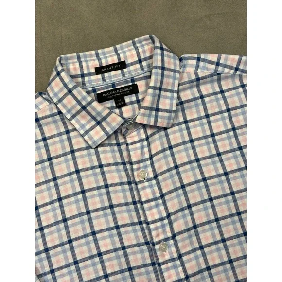 Banana Republic Grant Fit Plaid Button Down Shirt‎ Men's Medium Blue Pink White