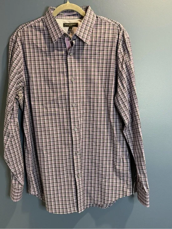 Banana Republic Men's Lavender and Navy Plaid Button-Down Shirt