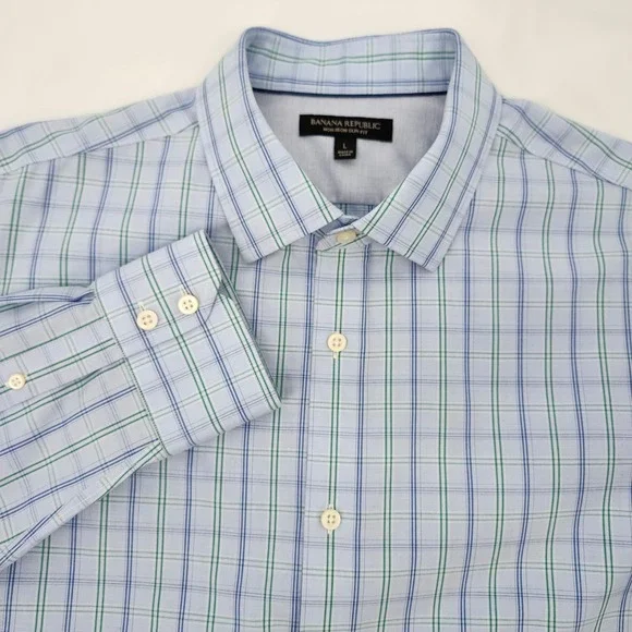 Banana Republic Mens Non Iron Slim Fit Dress Shirt Large Light‎ Blue Green Plaid