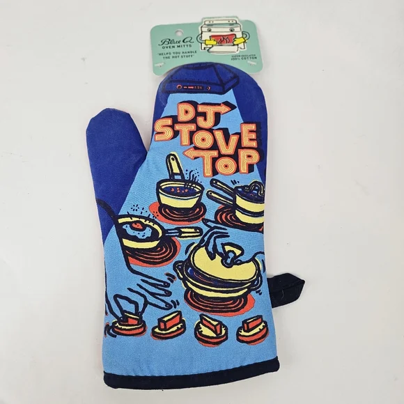Blue Q Blue Oven Mitt with Retro 'DJ STOVE TOP' Graphic