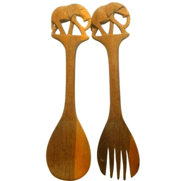 Vintage African Hand Carved Wood Elephant Salad Serving Set 12