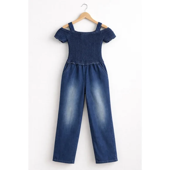 Chillipop Girls 4T Denim Jumpsuit 💙 Smocked Top Wide Leg Cute Outfit