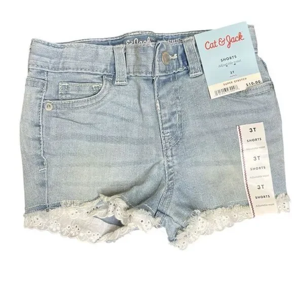 NEW Cat & Jack Super Stretch Denim Shorts with Lace Trim Adjustable Waist 3T