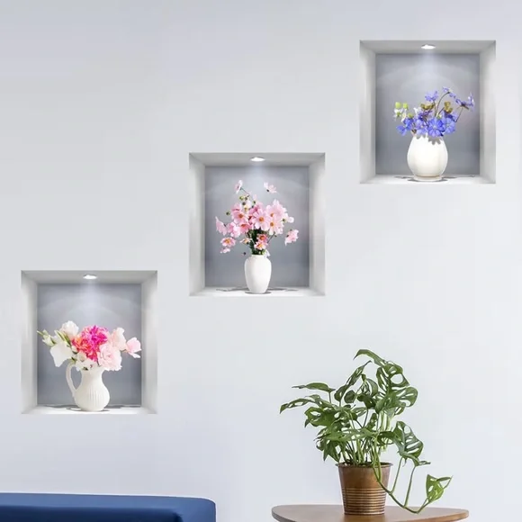 3D wall stickers 12”x12” Plants and flowers in a vase 6 stickers NEW