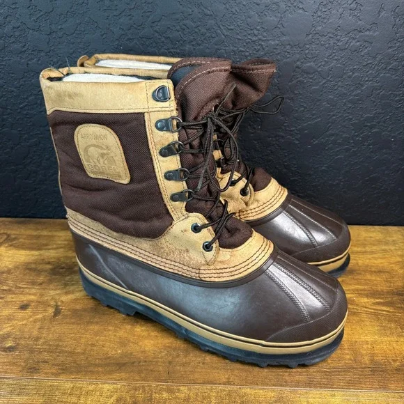Sorel Arrowhon Brown Leather Rubber Winter Snow Boots Mens 11 Made in Canada‎