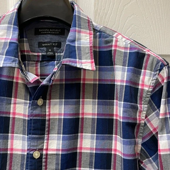 Banana Republic Men's M Grant‎ Fit Shirt Navy Pink Blue Plaid Oxford EUC