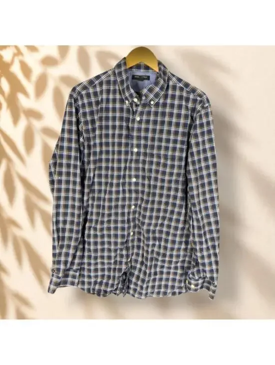 Banana Republic Shirt Men XL Blue Plaid Button Up Collared Long Sleeve Pockets