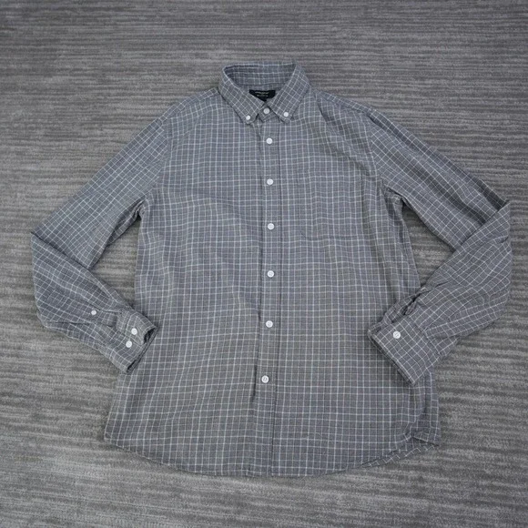 Banana Republic Shirt Button Down Men Medium Grey Windowpane Plaid Untucked Fit
