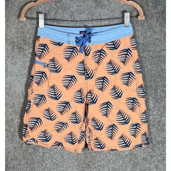 Patagonia Board Shorts Boys Size 12 Orange Blue Nylon Zip Pocket‎ Drawstring