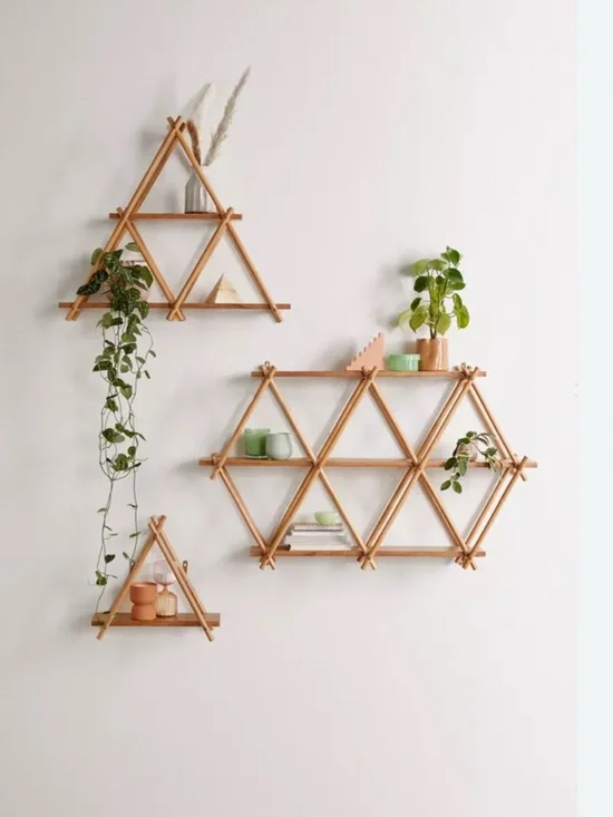 Bamboo Geometric Wall Shelves - Natural Wood Home Wall Decor
