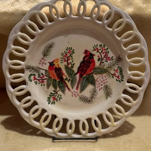 Christmas ceramic large platter pierce plate with Red Cardinals