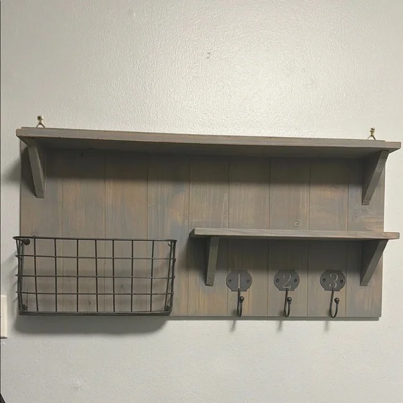 Rustic Wall Shelf with Hooks and Basket