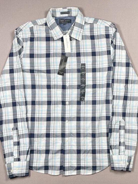 NWT Banana Republic Cotton Untucked Blue Plaid Button Up Shirt - Men Size Medium