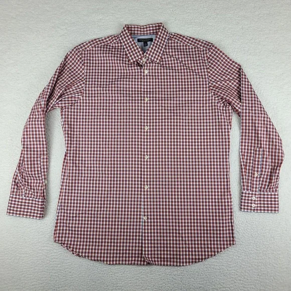Banana Republic Shirt Mens XL Dark Orange Blue Plaid Non‎ Iron Dress Button Up