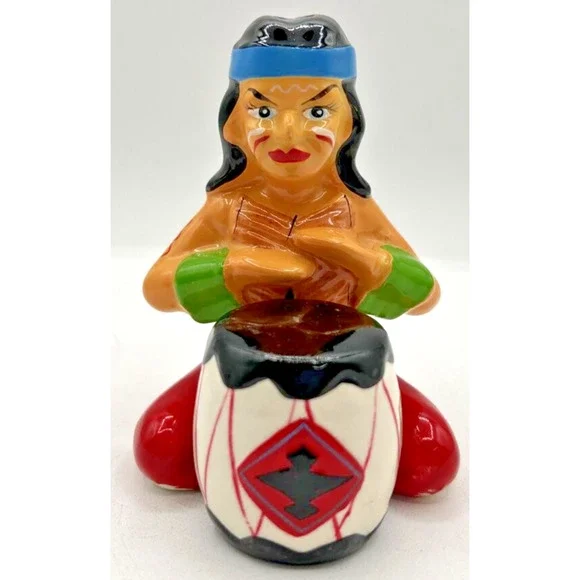 Vintage Retro Salt and Pepper Shakers Wales Native American Man & Drum U260/37