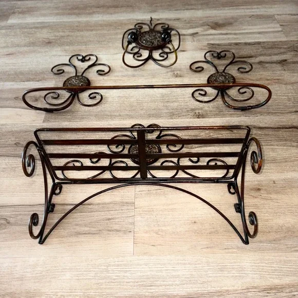 3pc Bronze Ornate Wrought Iron Bath Wall Decor Set Towel Bar Double Hook Shelf