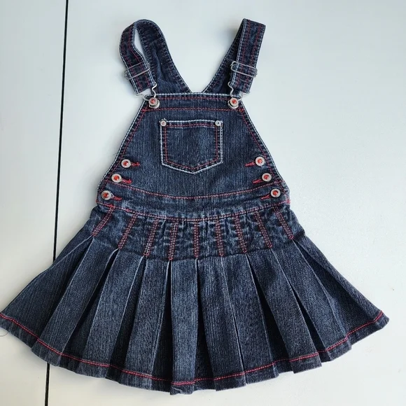 Dark Blue Denim Overalls with Pleated Skirt and Adjustable Straps