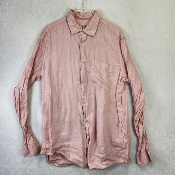 Banana Republic Garment Dye Linen Button Up Shirt Men XL Pink Long Sleeve Casual