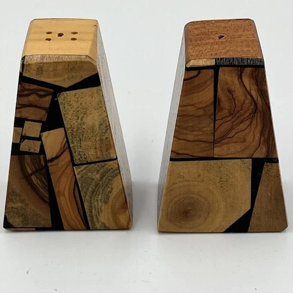 Vintage Wooden MCM Pyramid Triangle Salt Pepper Shaker Set Artsy Unique Rare‎