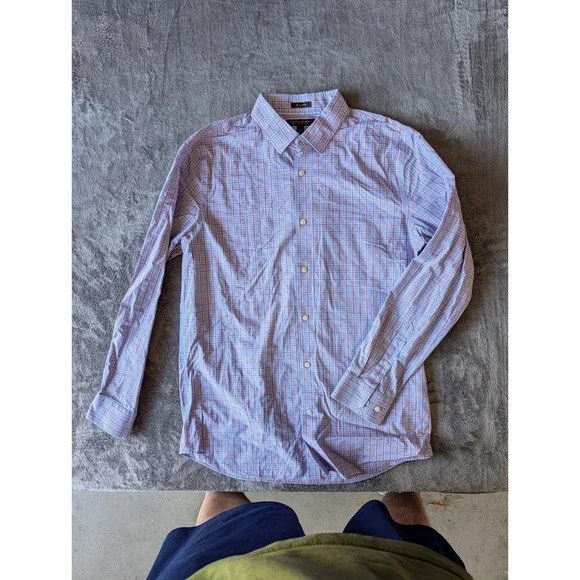 Banana Republic Mens Slim Fit Non-Iron Cotton Plaid Dress Shirt Blue Red Large
