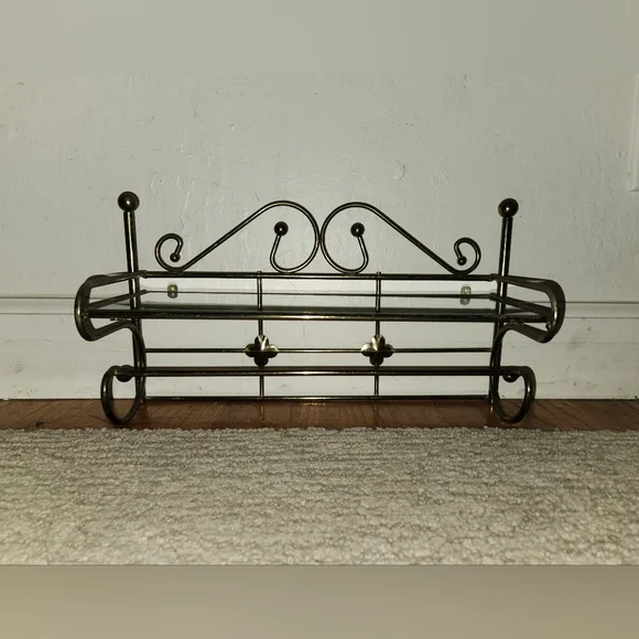Vintage 1960s 1970s Brass & Glass Wall Rack Shelf