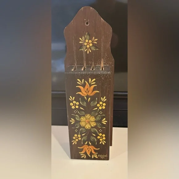 Vintage Artisan Signed D. Wankerl Hand Painted Wood Knife Rack Holder Folk Art