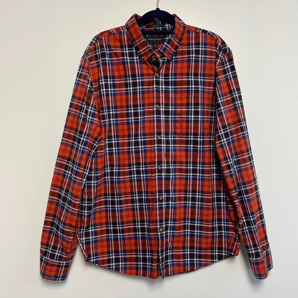 Banana Republic Mens Cotton‎ Plaid Button Down Shirt Untucked Fit Size L Red