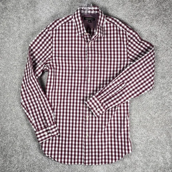 Banana Republic Mens Burgundy Gingham Non Iron Tailored Slim Fit Dress‎ Shirt M