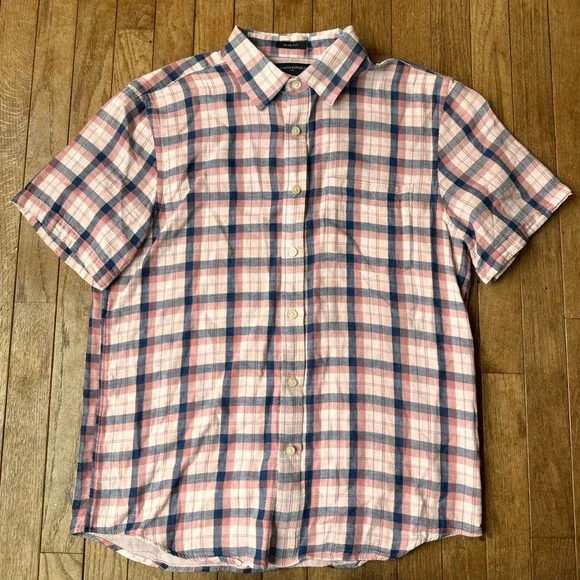 Banana Republic Button Down Shirt Mens M Slim Fit Plaid Pink Blue Casual Summer
