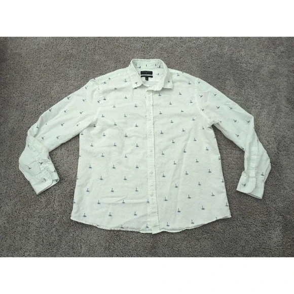 Banana Republic Shirt Mens XL White Sailboat‎ Linen Blend Nautical Untucked Fit