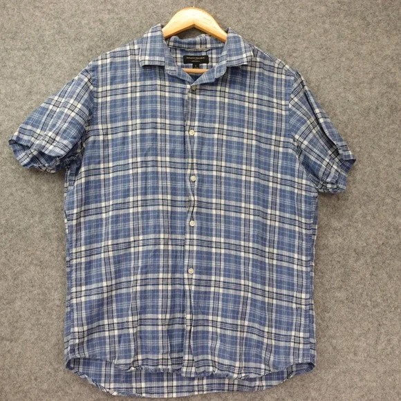 Banana Republic Linen Shirt Mens LARGE Blue Madras Plaid Slim Fit Camp Collar