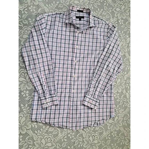 Banana Republic Grant Fit Supima Cotton Long Sleeve Men's Sz. Lg Pink Grey Plaid