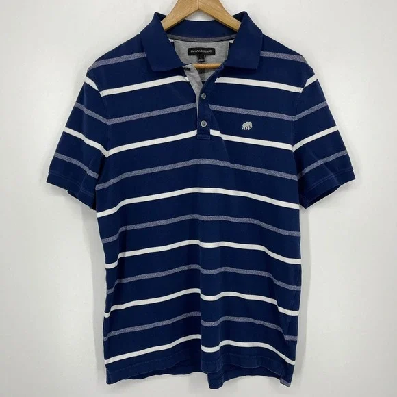 Banana Republic Mens Navy Blue White Striped Elephant Logo Polo Shirt Large