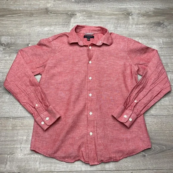 Banana Republic Shirt Mens Small Red Solid‎ Linen Long Sleeve Button Up Slim Fit