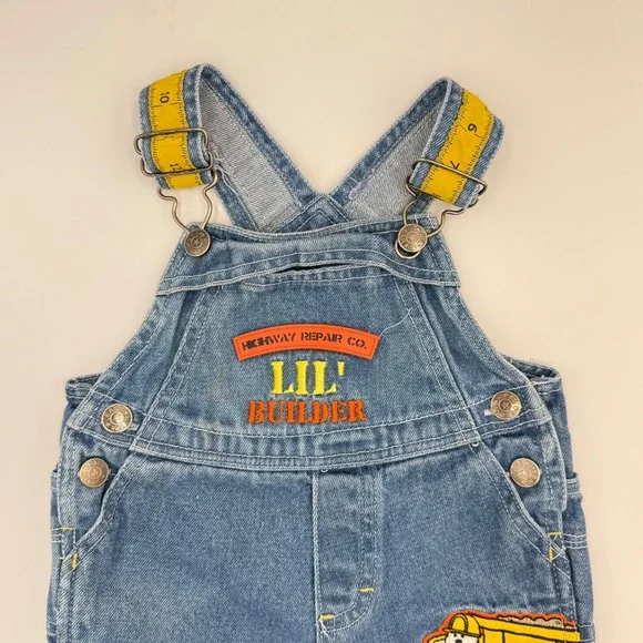 Vtg‎ Lil' Builder Denim Overalls – Tape Measure Straps & Road Crew Patch 3-6 mo.