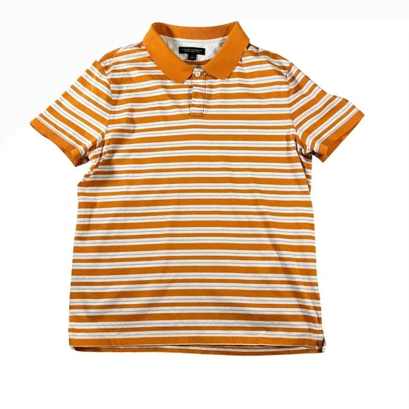 Banana Republic Mens Fitted Pima Polo Shirt Large Orange White Striped Cotton